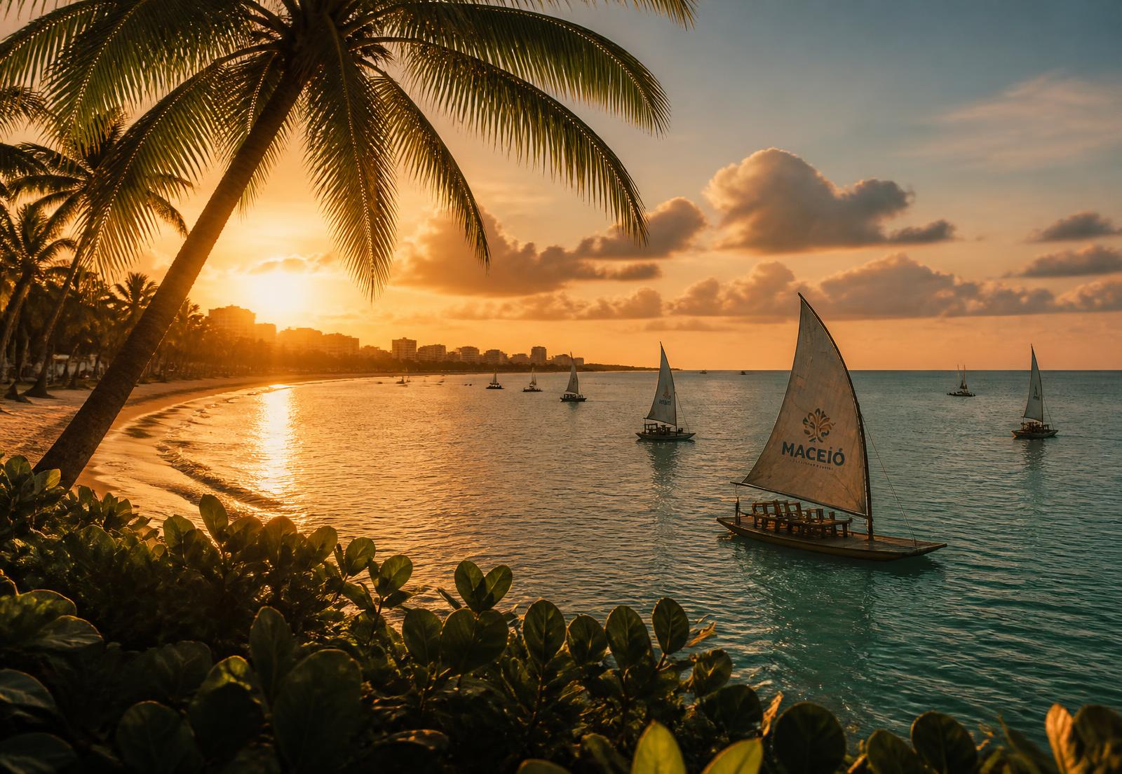 Pôr do sol sobre jangadas no litoral de Maceió, Alagoas
